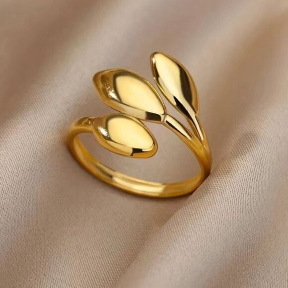 Simple Leaf Opening Ring Stainless Steel Golden Plated Size 8 - Picture 2 of 4